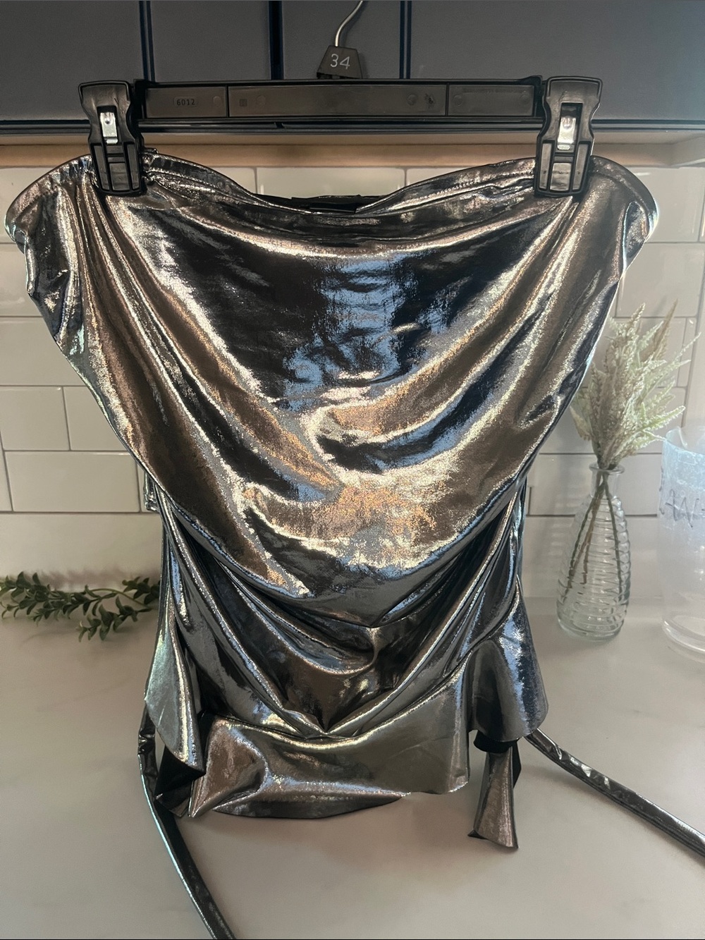 Brand new Silver Metallic Draped Strapless Top